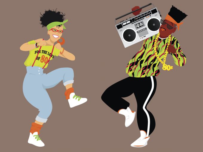 Young couple dressed in 1980s fashion listening music from a boombox and dancing, EPS 8 vector illustration