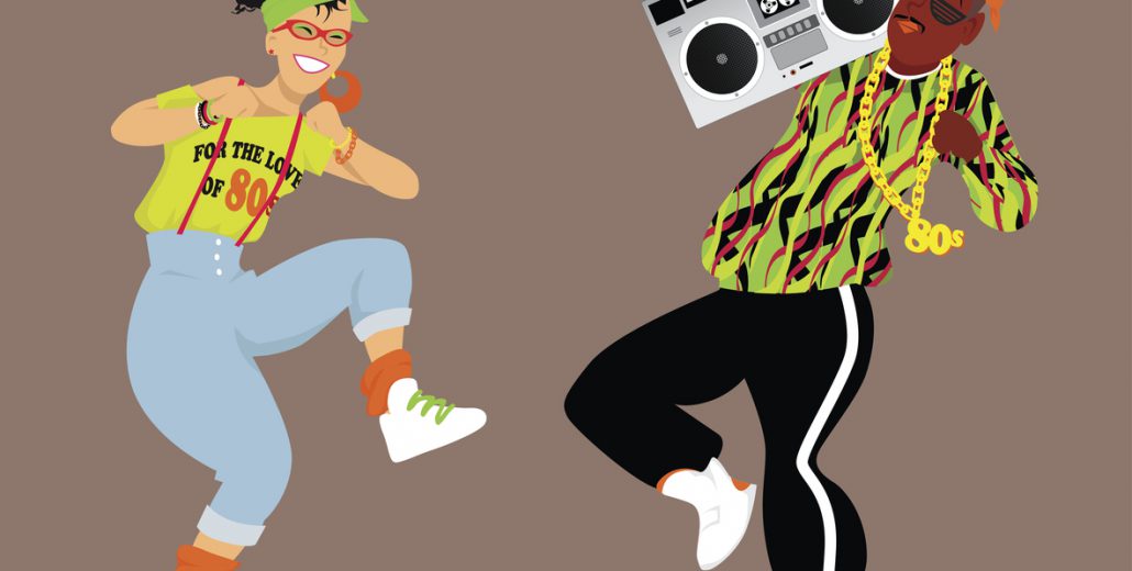 Young couple dressed in 1980s fashion listening music from a boombox and dancing, EPS 8 vector illustration